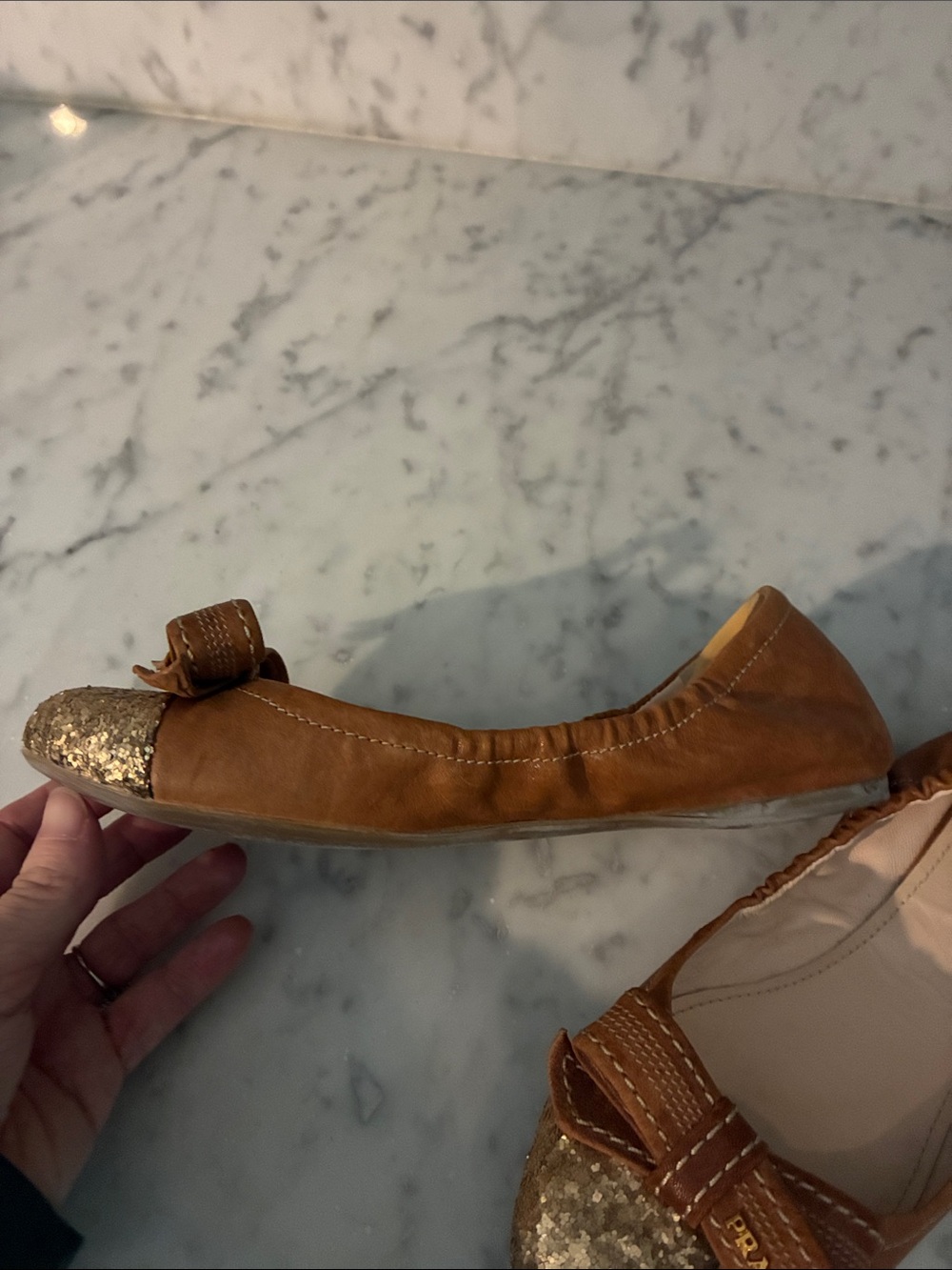 Prada Brown Leather Ballet Flats with Gold Glitter Toe and Bow - Picture 2 of 3